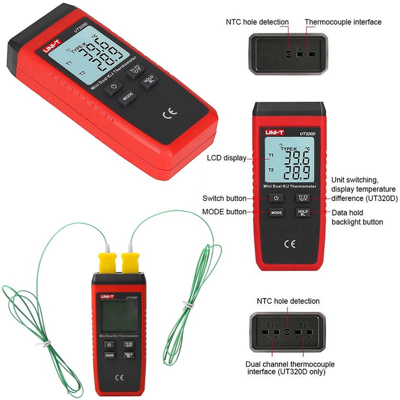 UT320D Dual Channel K/J Digital Thermometer, Thermocouple Temperature Meter Temperature