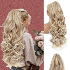 Ponytail Extension, 26 Inch Long Pony tails Hair Extensions for Women Wavy Curly Claw Clip Ponytail Fluffy Natural Fake Pony tail Hair Pieces for Women (Medium Blonde With Bleach Blonde Ends, 26 Inch)