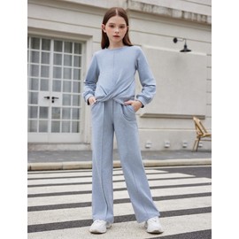 Arshiner Girls Fall Outfits Tracksuit Fashion Twist Front Pullover Sweatshirt with Wide Leg Sweatpants Jogger Set Activewear