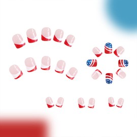 Independence Day Press on Nails Short Square Fake Nails Red White French Tip False Nails Glitter American Flags Full Cover Glue on Nails 4th of July Stick on Nails for Women Manicure 24 Pcs