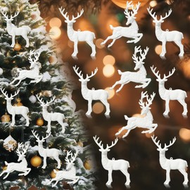 Geetery 12 Pcs Christmas Tree White Reindeer Ornaments Glitter Hanging Plastic Elk Figurine Ornament for Holiday Party Decoration Xmas Gift Decor Home Accessories, 5.5 x 4 Inches