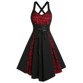 DRESSFO Women's 2025 Fall Casual Dress Sleeveless V Neck Gothic Dress Tiered A Line Flowy Wrap Dress (Black Red/1X)