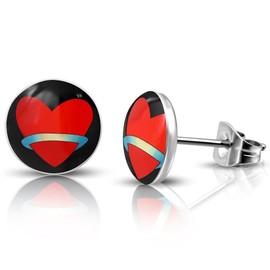 Bungsa Red Heart Stud Earrings Silver Black 7 mm – 1 Pair Stainless Steel (Earrings Ear Jewellery Ear Clips Women Men Love Heart Love Fashion Studs Earrings), Stainless Steel, No Gemstone