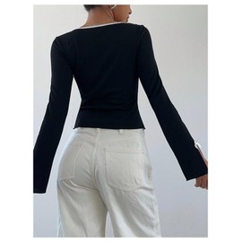 Verdusa Women's Color Block Bow Decor Open Slit Long Sleeve T Shirts Black Medium
