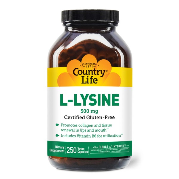 Country Life L-Lysine 500mg with B-6, Supports Immune Health, Promotes Collagen Renewal in Lips and Mouth, 250 Vegan Capsules, Certified Gluten Free, Certified Vegan