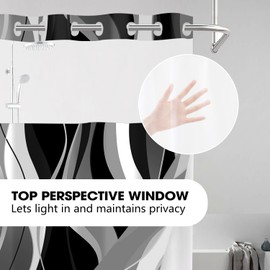 Nkzply No Hook Shower Curtain with Snap in Liner Black Striped Shower Curtain and Liner Set White Shower Curtain Liner Modern Fabric Shower Curtain with See Through Top Window Washable, 71 x 74 Inch