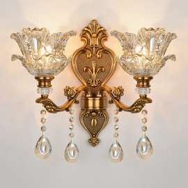 SEEAIRSHOP OTTOSON Gold Vintage Wall Sconce Antique Glass Crystal Wall Lamp Flower Shade Brass Bathroom Vanity Light Retro Sconces Wall Lighting with Beveled Crystal - 2 Lights