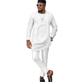 ATLYCOLOR African Church Suits for Men Dashiki Shirt Pant Two Piece Outfits Casual Attire Nigerian Clothes TR5 White XX-Large