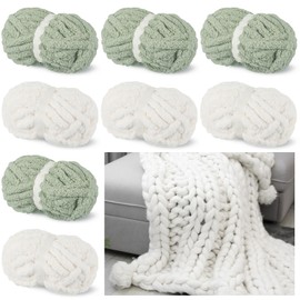 Amylove 8 Pack Chunky Chenille Yarn for Crocheting 31.7 yd 8 oz Each Skein Bulky Fluffy Soft Jumbo Thick Yarn for Hand Knitting Blanket Handcrafts Weaving Arm Knitting(Sage Green, White)