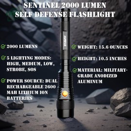 INTERNOVA® Sentinel 2000 Lumen Rechargeable Flashlight 10.5 Inches - LED Flashlight Includes USB Cord & Magnetic Sealed Gift Box