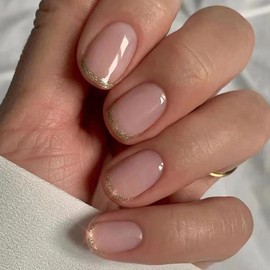 24Pcs Short Square Press on Nails French Manicure Fake Nails with Pink Glossy Acrylic & Gold Border Accent Glitter Designs Artificial Full Cover Nails Kit For Women And Girls