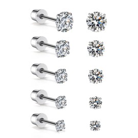AllerPierce Stud Earrings for Women Girls Cubic Zirconia Earring Studs 5 Pairs Silver Hypoallergenic Stainless Steel Screw Back Stud Earrings Piercing Jewellry Gifts for Women Men 3/4/5/6/8 mm