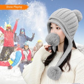 HUAMULAN Women Winter Sherpa Beanie Hats Knit Ear Flaps Peruvian Cover Ears Warm Fleece Lined Fluffy Ski Snow Hat 3 Pompom