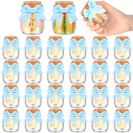 Funnymoom 24 Sets Baby Shower Favors for Guests Glass Baby Shower Bottles 100 ml Milk Jar with Ribbons and Stickers Decorations for Gender Reveal Newborn Centerpiece Party Favor (Blue,It's A Boy)