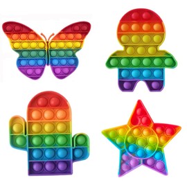Fidget Toys Star, Butterfly, Cactus, Littleboy 4pc Multipack Set Squeeze Sensory Pop Bubble Toys For Kids ,Teens & Adults Autism & Special Needs Stress Reliever Push Pop Rainbow Poppet Toys (Style 4)
