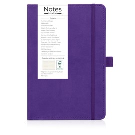 Notes London Luxury Italian style A5 Notebook with Stitched Hardcover, 100gsm Lined Numbered & Date Marked Pages, 2x Ribbons, Pen Loop, Contents Page, Paper Pocket, Medium Journal (Purple)
