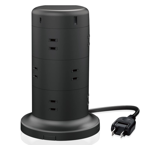 Elecom ECT-2220BK Tower-shaped Power Strip, Extension Cord, 12 Outlets, 2
