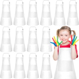 PLULON 12 Pcs Kids Apron Bulk Adjustable White Chef Apron with 2 Pockets Painting Aprons for Kids Cooking Baking Crafts (White)