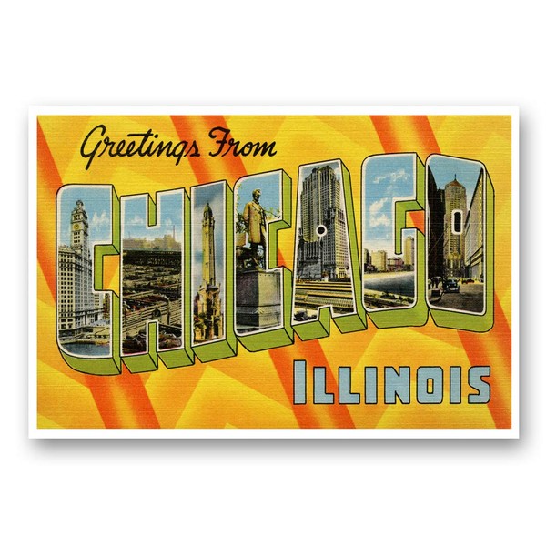 GREETINGS FROM CHICAGO, IL vintage reprint postcard set of 20 identical postcards. Large letter Chicago, Illinois city name post card pack (ca. 1930's-1940's). Made in USA.