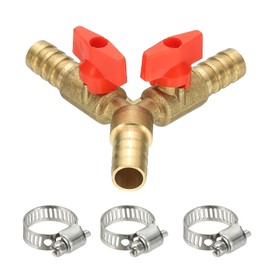 PATIKIL 3 Way Shut Off Ball Valve, 4/9" Y Shaped 3 Way Brass Garden Hose Barb Splitter Line Sprayer Parts Coolant Hose Valve Fitting with 2 Red Switch for Gas Fuel Oxygen, 1 Set
