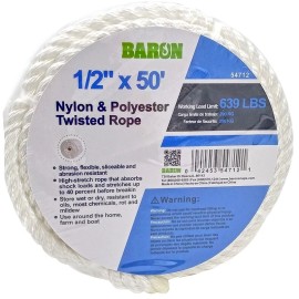 Baron NEW Baron 54712 Twisted Nylon Rope, White, 1/2 Inch x 50 Feet  4694592