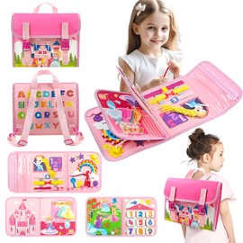 YYAQZD Busy Board 17-in-1 Montessori Toy, Activity Board Toddler Motor Skills Toy for 1-4 Years Toddlers, Includes 12 Life Skills, Mathematics, Costumes, Animals etc., Girls Gifts