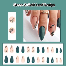 ANDGING Press on Nails Almond Short Medium Green Fake Nails with Gold Leaf Design Glue on Nails for Women Acrylic Gel Stick on Nails with Glue Full Cover False Nails for Wedding Birthday 24Pcs LLK655