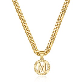KissYan Gold Initial Necklace for Women, 14K Gold Plated Round Letter Pendant Hollow Capital Monogram 5mm Cuban Chain Necklace Alhpabets from A-Z Dainty Jewelry for Men(Letter M)