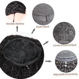 Kinky Curly Half Wig Human Hair 3 in 1 Glueless Wear And Go Human Hair Half Wigs For Women Seamless Flip Over Drawstring Headband Wig 180% Density Beginner Friendly 1B 16inch