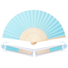 Sepwedd 50pcs Blue Imitated Silk Fabric Bamboo Folded Hand Fan Bridal Dancing Props Church Wedding party favors with Organza Bags