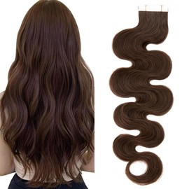 SEGO Tape in Hair Extensions Wavy 18 Inch Natural 100% Remy Human Hair Real Seamless Skin Weft Invisible Rooted Double Sided Tape Hair for Women 20pcs 50g -Medium Brown -Body Wave