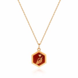 Evelyn Woods Pendant Necklace, Hexagonal Carnelian Crystal, Gold Vermeil, Sterling Silver, Skeleton Hand Heart Design, Love Symbol, Romantic Gift for Lovers