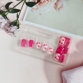 Deep Pink Press on Nails Short Square Fake Nails Heart Glitter Designs False Nails Pink Glossy Glue on Nails Valentines Full Cover Stick on Nails for Women Girls Gift Acrylic Nail Kit 24 Pcs