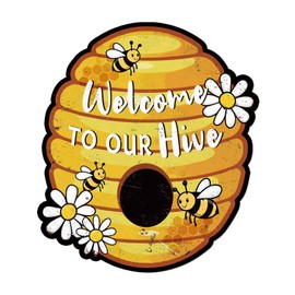 WADORN Vintage Welcome To Our Beehive Bee Metal Tin Sign Honey Bee Retro Tin Sign Hanging Wall Plaque Decoration For Shop Shop Porch Garden Home Decoration 26 x 29.6 cm