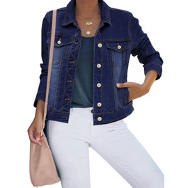 luvamia Women's Basic Button Down Stretch Fitted Long Sleeves Denim Jean Jacket Deep Blue Size Medium