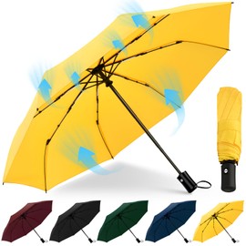 HEXSOLID Windproof Umbrella Automatic Umbrella Large with 8 Ribs 106 cm / 117 cm Travel Windproof Umbrella Waterproof Umbrella Foldable Compact Pocket Umbrella for Men and Women, yellow