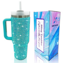 XMYAINA 40oz Bling Tumbler with Handle and Straw Lid Rhinestone Studded Tumbler Cups Vacuum Insulated Stainless Steel Double Wall Water Bottle Travel Mug Gifts for Women Her (Blue)