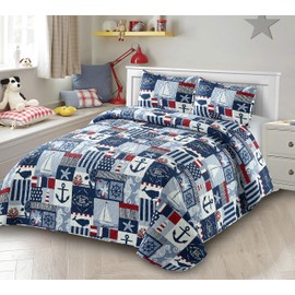 Kids Zone Collection Bedspread Coverlet Kids/Teens Anchor Sailboat Seahorse Starfish Whale Turtle Stars Steering Wheel Helm Nautical Dark Blue Light Blue Red White New # My Anchor (Twin)