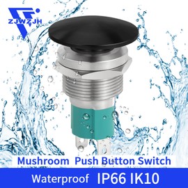 10 Amp 19mm Momentary Push Button Switch 3/4" Hole Mushroom Head 27.8mm Black Waterproof IP66 DC12V 24V 110V 250VAC 2NO SPST Stainless Steel with Wire Socket Plug