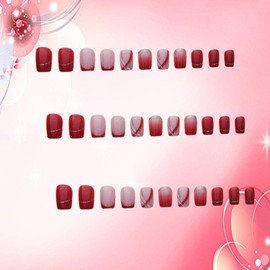 24Pcs Red French Press on Nails Medium Square With Gold Foil Lines Design Full Cover Glossy Acrylic Artificial Stick on Nails Reusable Glue on for Women Manicure Kit