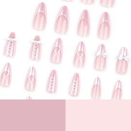 24 Pcs Cute Pink Press on Nails Medium Almond Fake Nails Glossy Glue on Nails Acrylic Nails Stiletto Nails Press ons Natural Artificial Nails Full Cover False Nails with 3D Bow Pearl Design for Women