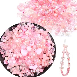 150g(170~230pcs) Aesthetic Acrylic Assorted Beads Cute Beads for Jewelry Making Kawaii Flower Heart Star Butterfly Bow Round Beads Bulk for Bracelets Making Necklaces DIY Crafts (Pink)