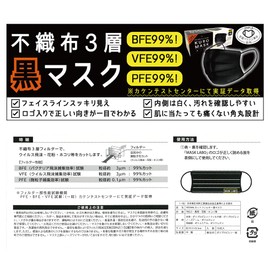 HOKU MA-BK-90 Surgical Mask, Black, Set of 30, Kaken Certified, PFE99% Disposable Mask, Non-Woven Fabric, Black