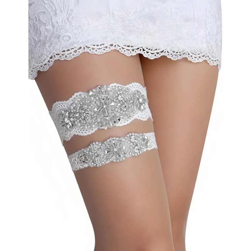 Conjunto Liguero De Encaje Elástico De Novia Con Cristal Per