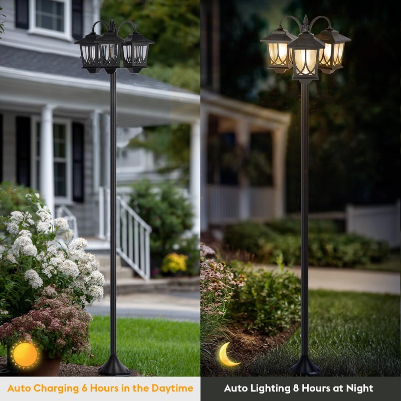 SAKSIAPRO 3-Head Solar Lamp Post Light, 73" Solar Lights Outdoor