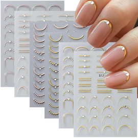 6 Sheets French Stripe Line Nail Stickers Gold Rosegold Shiny Crystal Rhinestones,Metallic Stripe Lines Adhesive Design Nail Supplies French Tip Sticker for Women Luxury Manicure Decorations