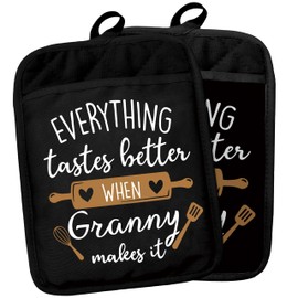 Granny Gifts Pot Holders with Pockets, Grandma Kitchen Gifts, Everything Tastes Better When Granny Makes It Pot Holders Heat Resistant Oven Mitts Hot Pads for Kitchen Baking Cooking