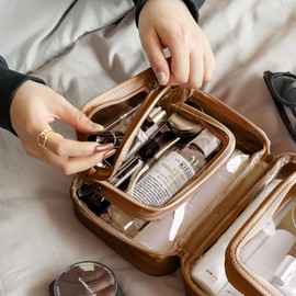 GRANNY SAYS TSA Approved Toiletry Bag, Clear Makeup Bag, Travel Toiletry Bags for Women, Leather Travel Cosmetic Bags, Portable PVC Waterproof Bag, Large Makeup Organizer, Brown