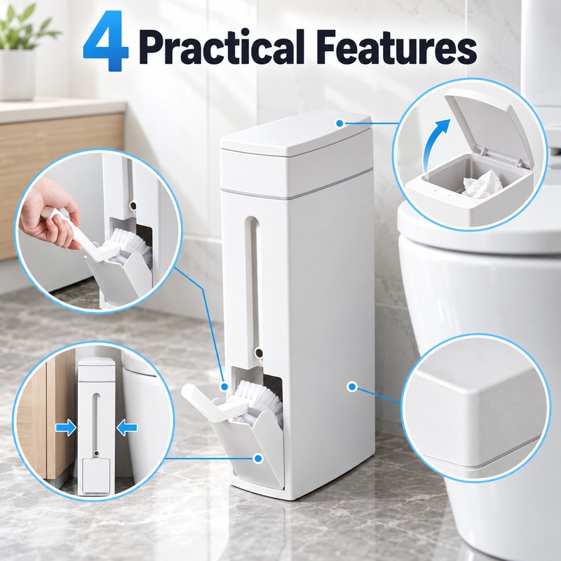 2-in-1 Bathroom Trash Can with Toilet Brush – Slim Narrow
