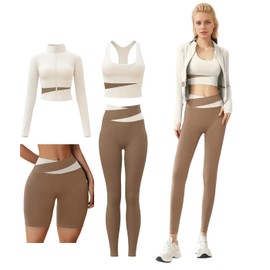 ZiaWorld 4pcs Women Yoga Wear Workout Set with Zipper Long Sleeve Jacket Fitness Yoga Leggings Sports Bra for Running Fitness Seamless Tracksuit (Beige, L)